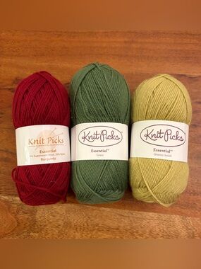 Lot of 3 Skeins Knit Picks Essential Fingering Yarn Wool Nylon Burgundy Green